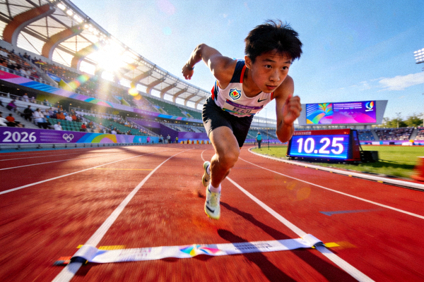 2026年夏季青年奥运会田径赛场，年轻运动员百米冲刺瞬间